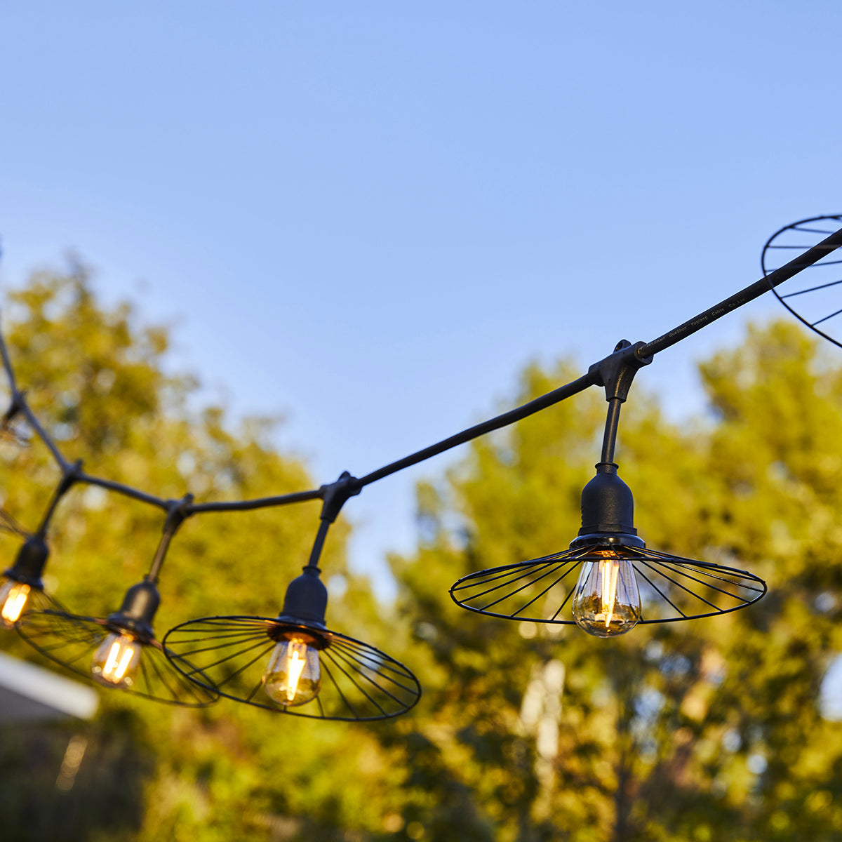 Lichterkette mit schwarzen Leuchten und Edison-Glühbirnen vor blauem Himmel.