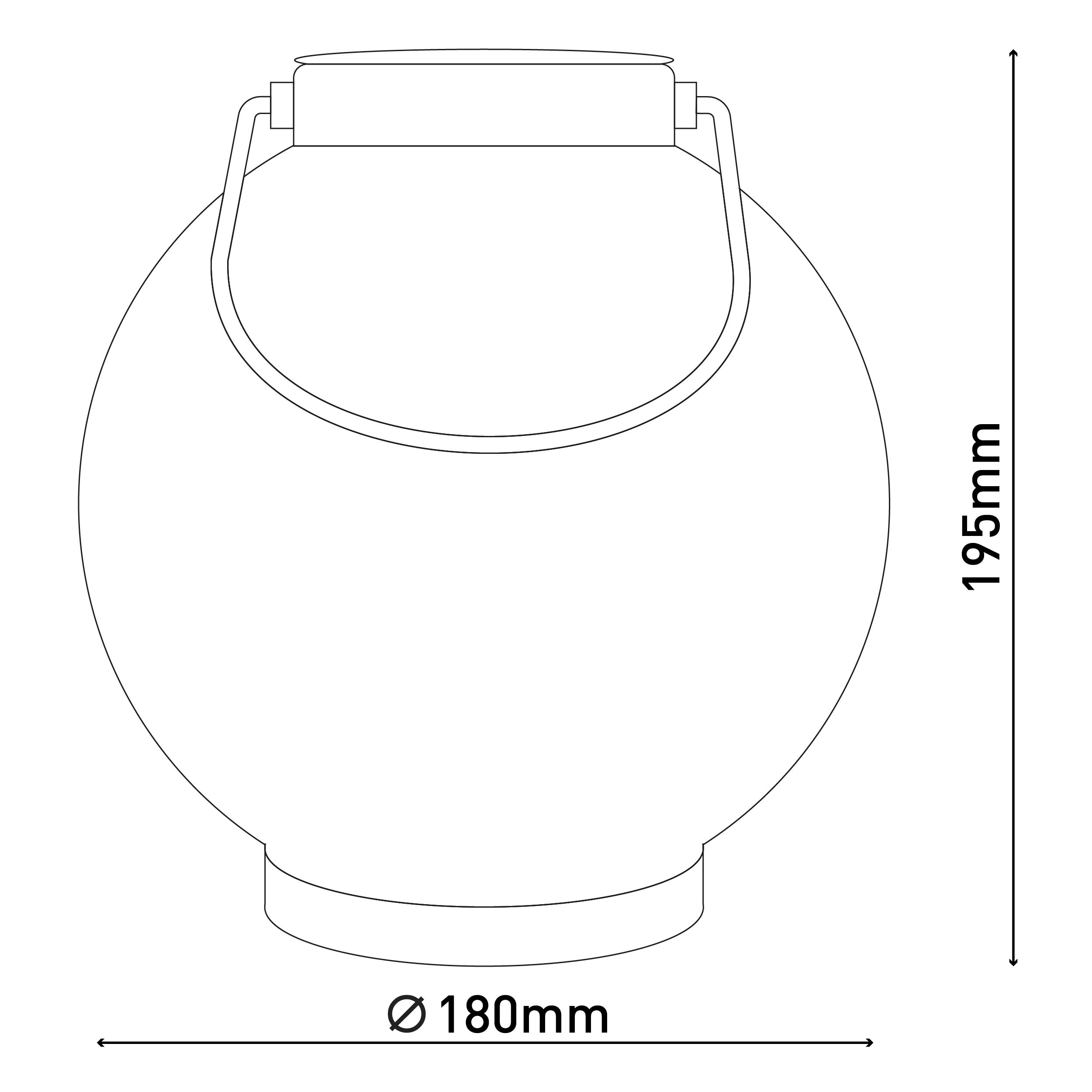 Eine weiße, kugelförmige Lampe mit Griff. Abmessungen: 195 mm Höhe, Ø180 mm Durchmesser.