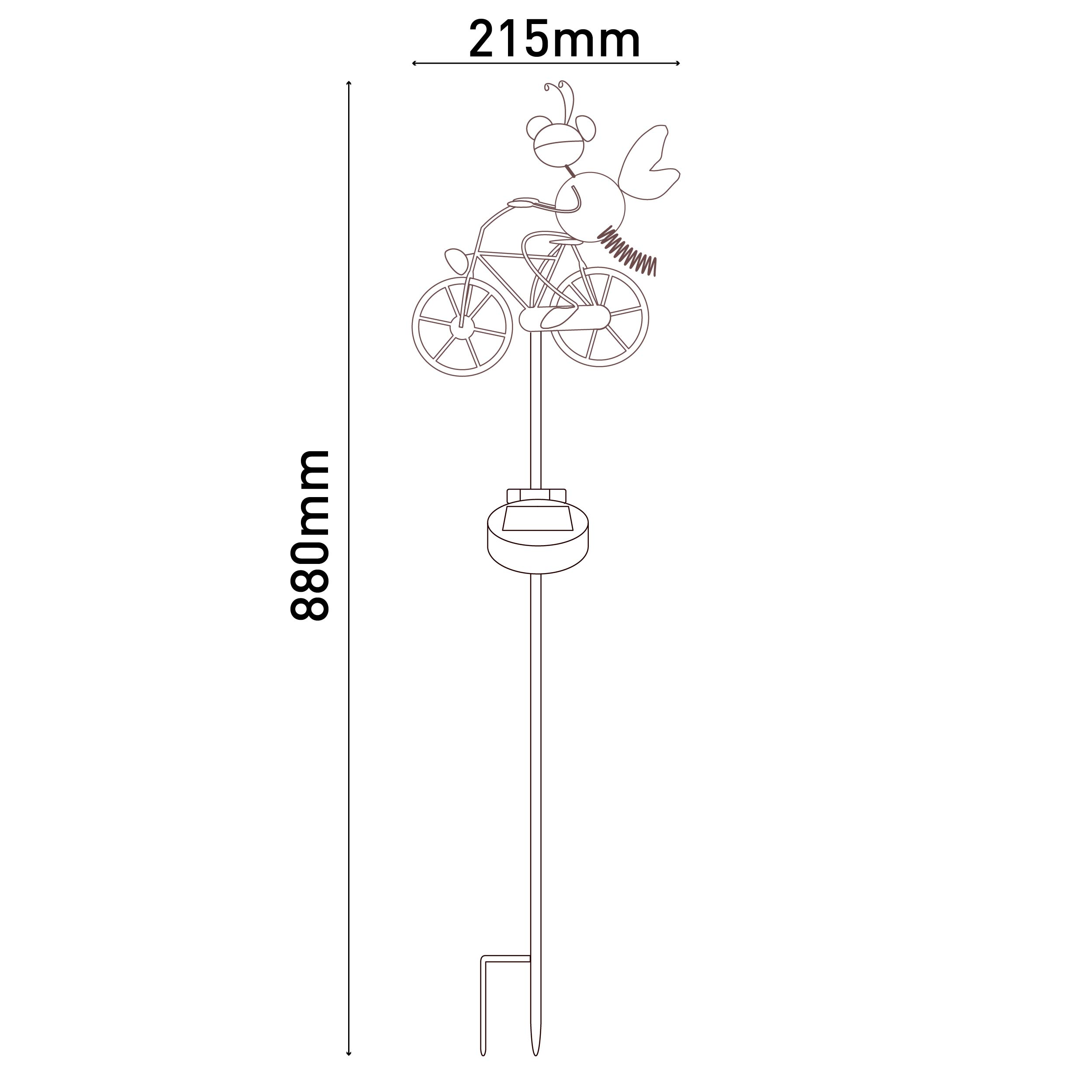 Strichzeichnung eines Gartensteckers mit Fahrradmotiv mit Abmessungen: 880 mm Höhe, 215 mm Breite.