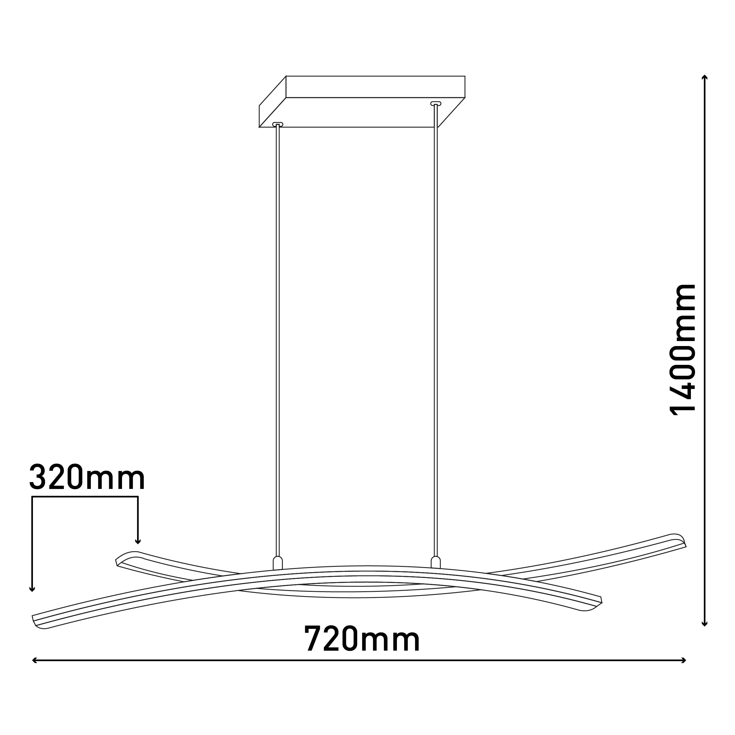 Hängeleuchte mit Maßen. 720 mm breit, 1400 mm hoch, 320 mm lang.