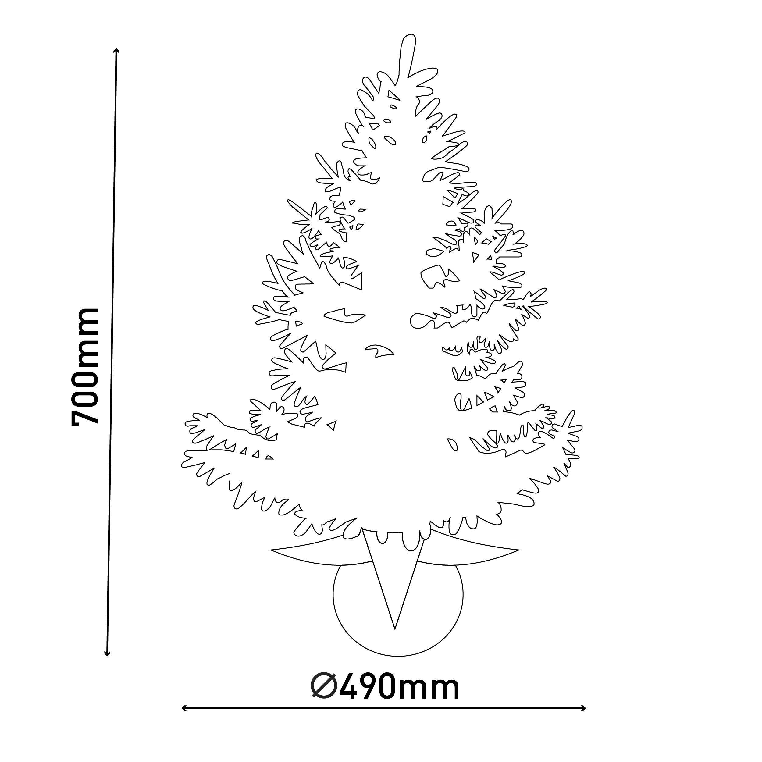 Strichzeichnung eines Weihnachtsbaumumrisses mit Abmessungen: 700 mm Höhe, 490 mm Breite.
