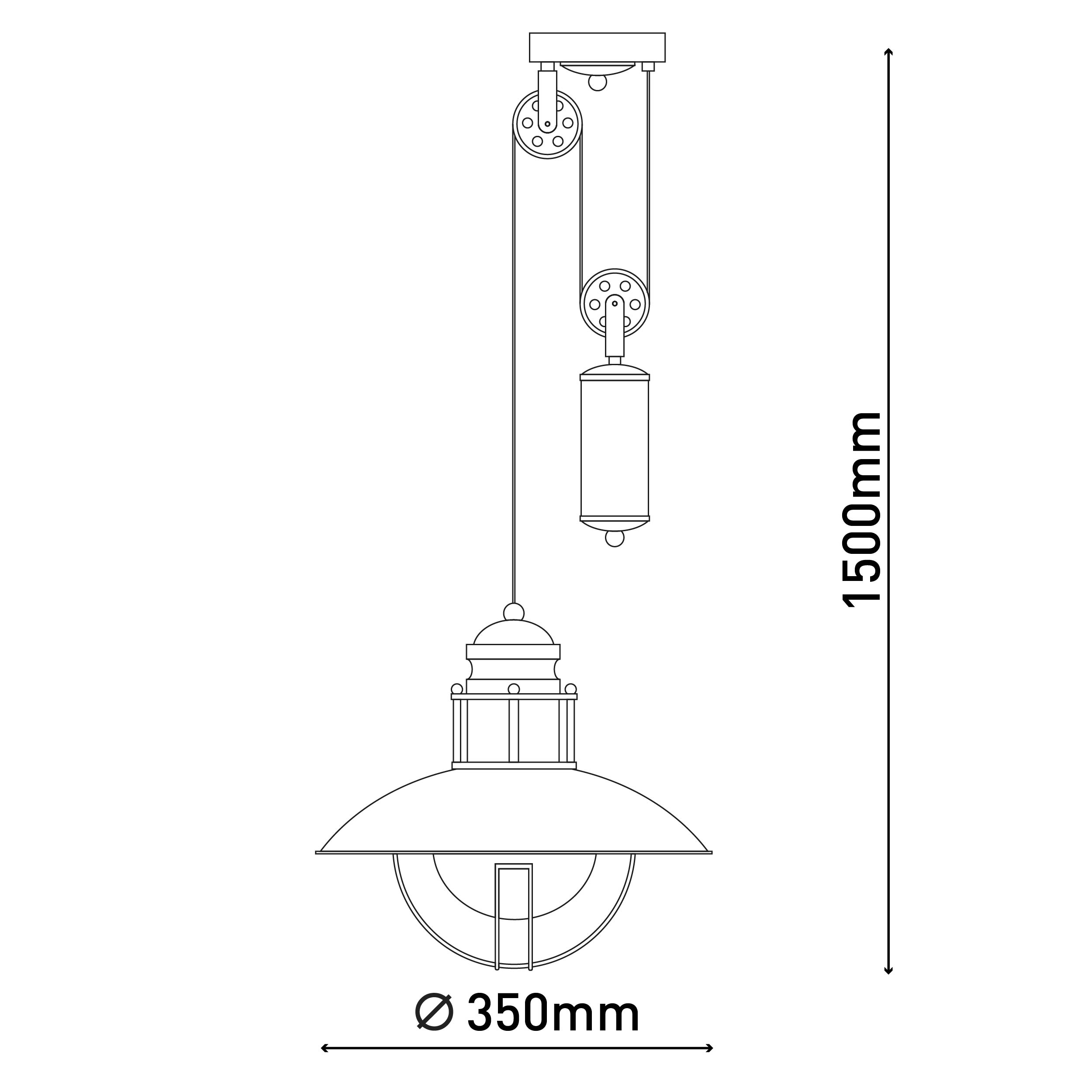 Strichzeichnung einer Hängelampe mit Abmessungen: 350 mm Durchmesser und 1500 mm Höhe.