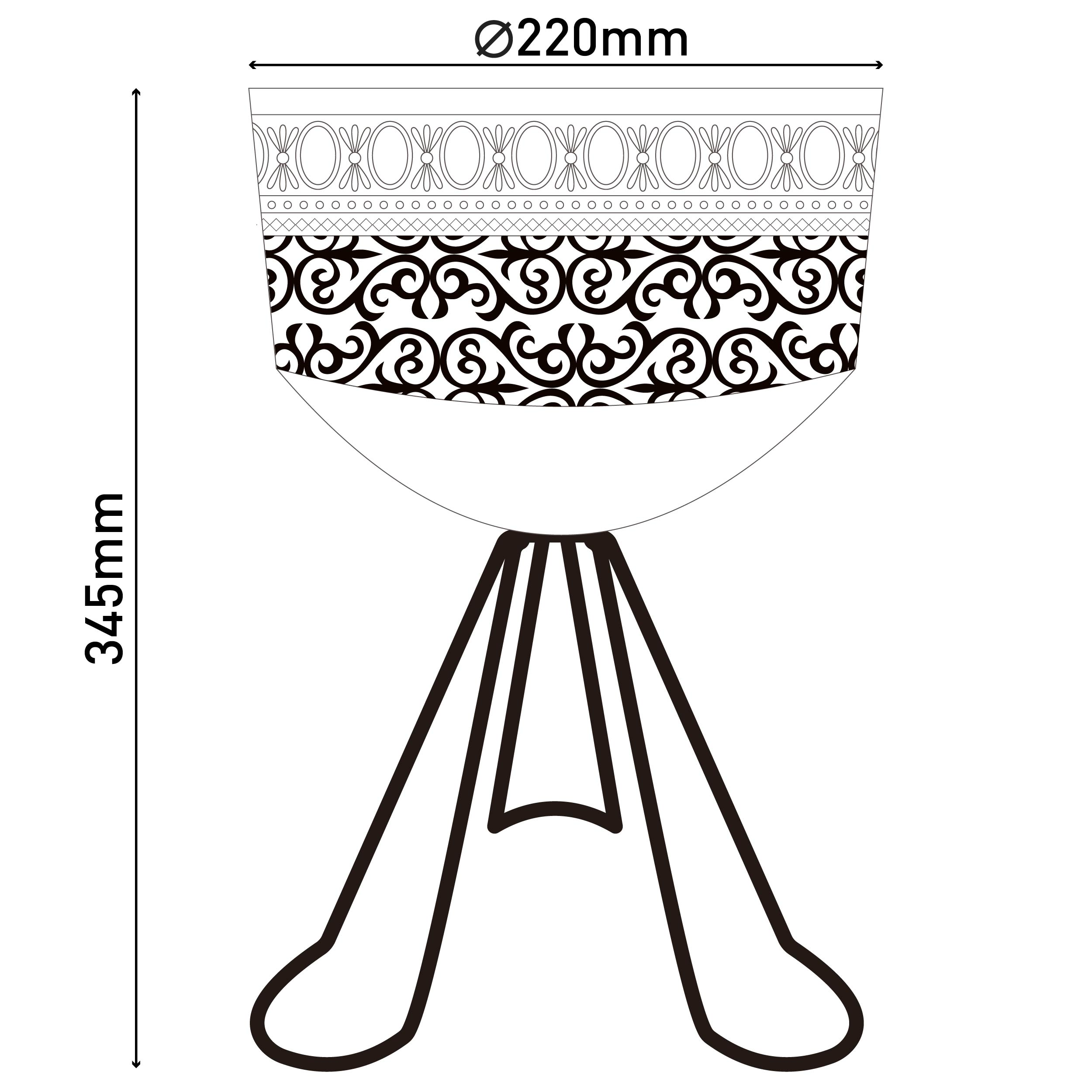 Eine weiß-schwarz gemusterte dekorative Vase. Sie hat einen Durchmesser von 220 mm und steht auf einem schwarzen Dreibein.