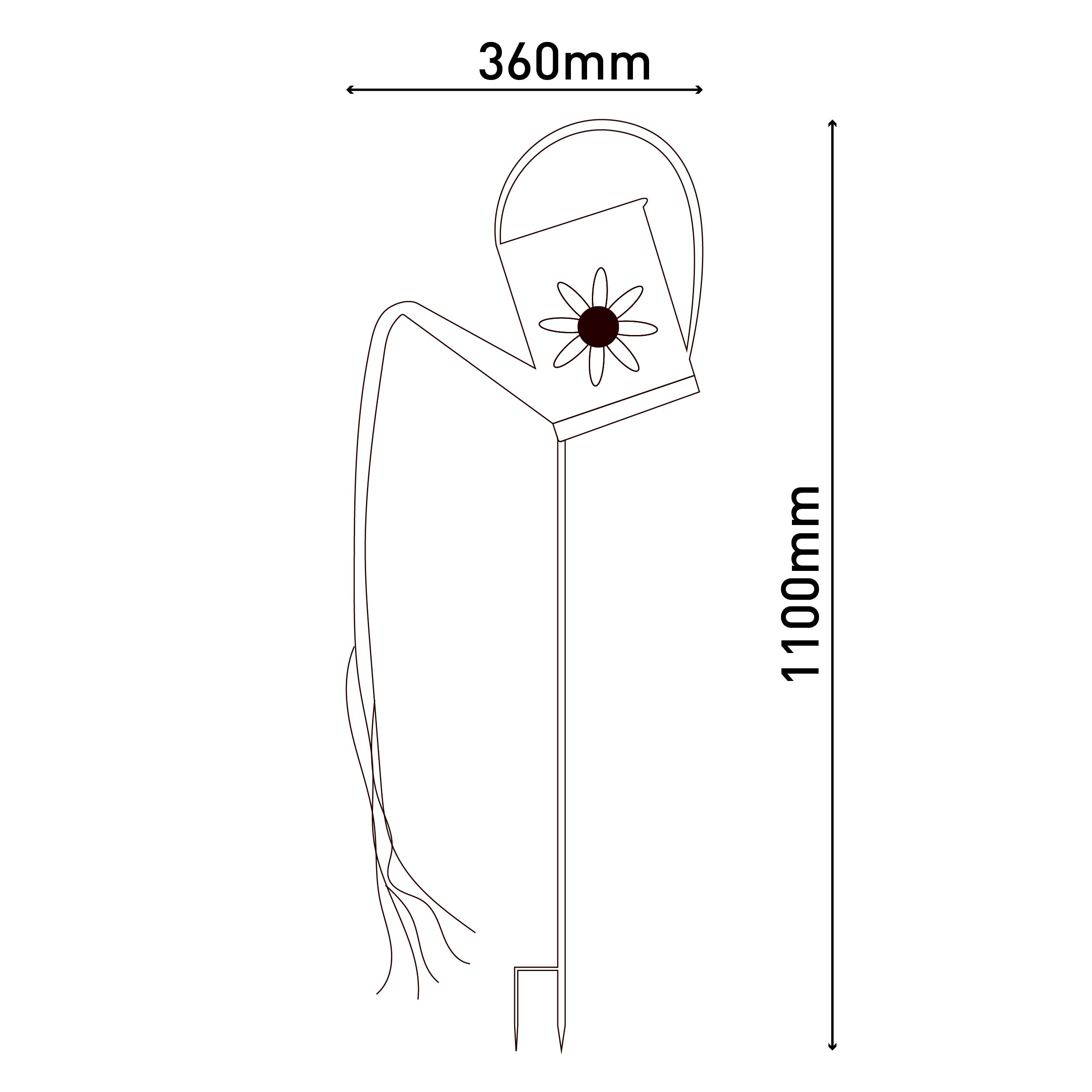Strichzeichnung eines Gießkannen-Gartensteckers. Maße: 1100 mm Höhe, 360 mm Breite.
