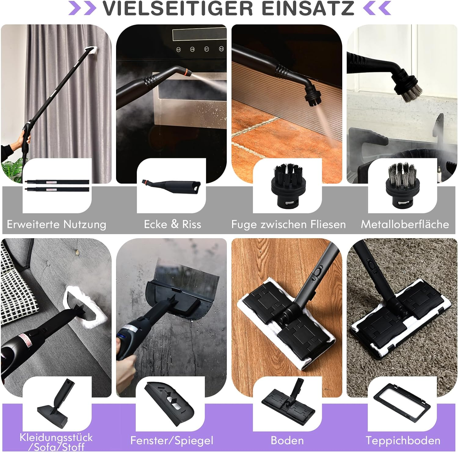 Mehrere Bilder, die Reinigungsgeräte für verschiedene Oberflächen zeigen: erweiterte Nutzung, Ecken, Fliesen usw.