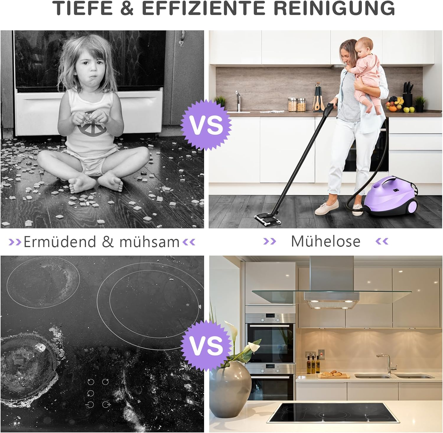 Geteiltes Bild: schmutzige Küche vs. saubere Küche mit einem Dampfreiniger, Schwarzweiß.