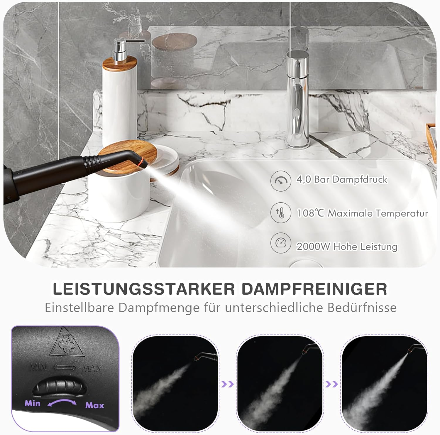 Ein Dampfreiniger über einem Waschbecken. Informationssymbole zeigen Druck, Temperatur und Leistung.