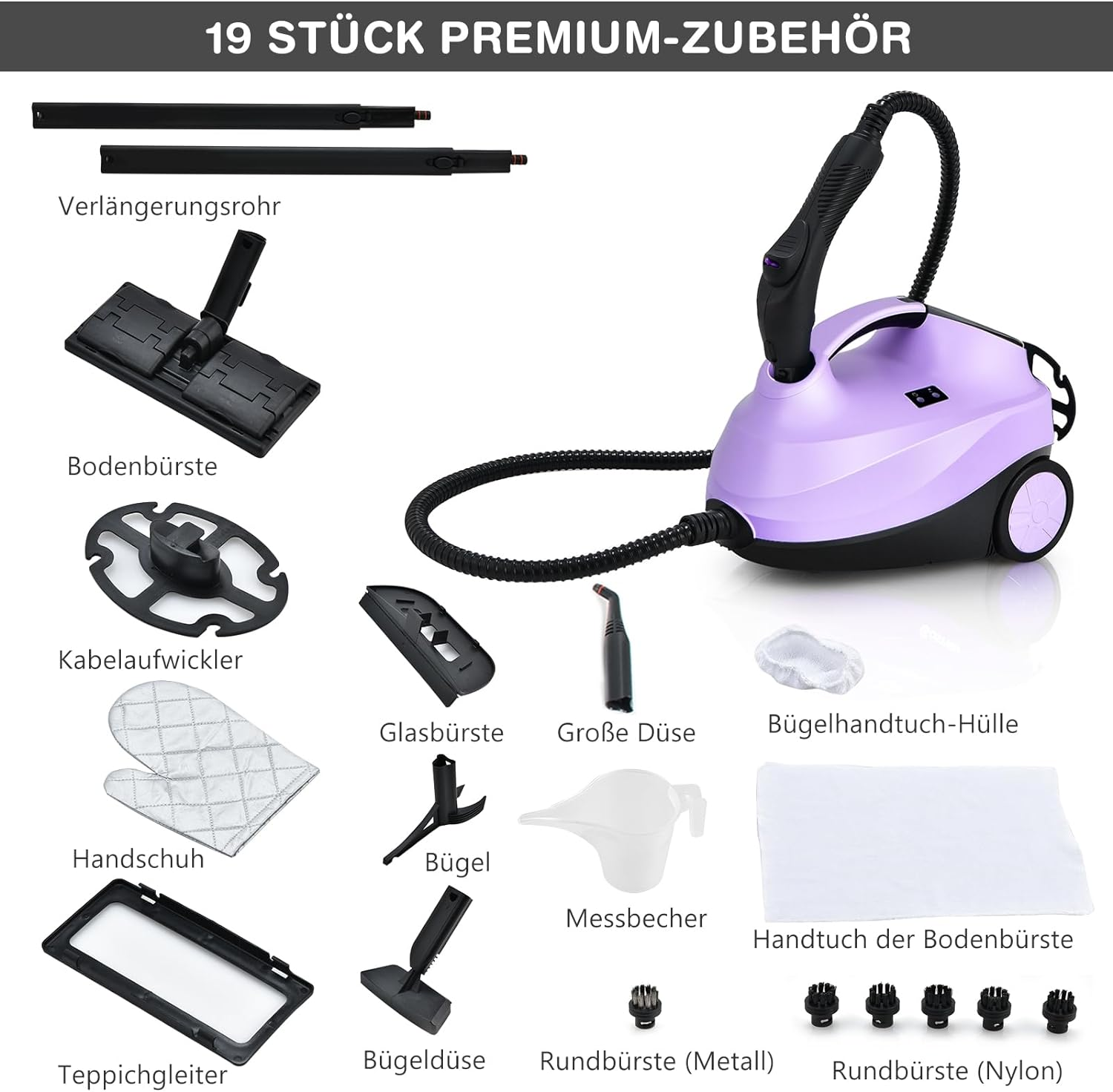 Ein Dampfreiniger mit Zubehör. Er hat einen lilafarbenen Körper und verschiedene Reinigungsaufsätze.