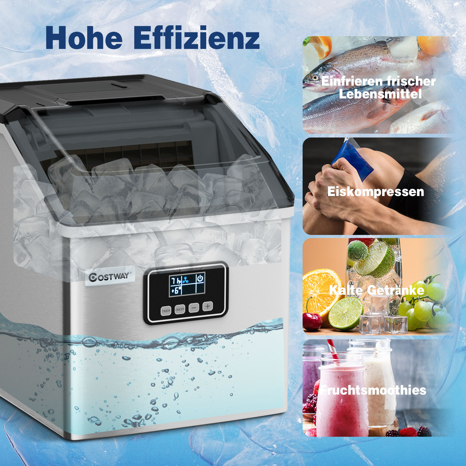 Eisbereiter mit Eiswürfeln und Bildern von eisbezogenen Speisen und Getränken.
