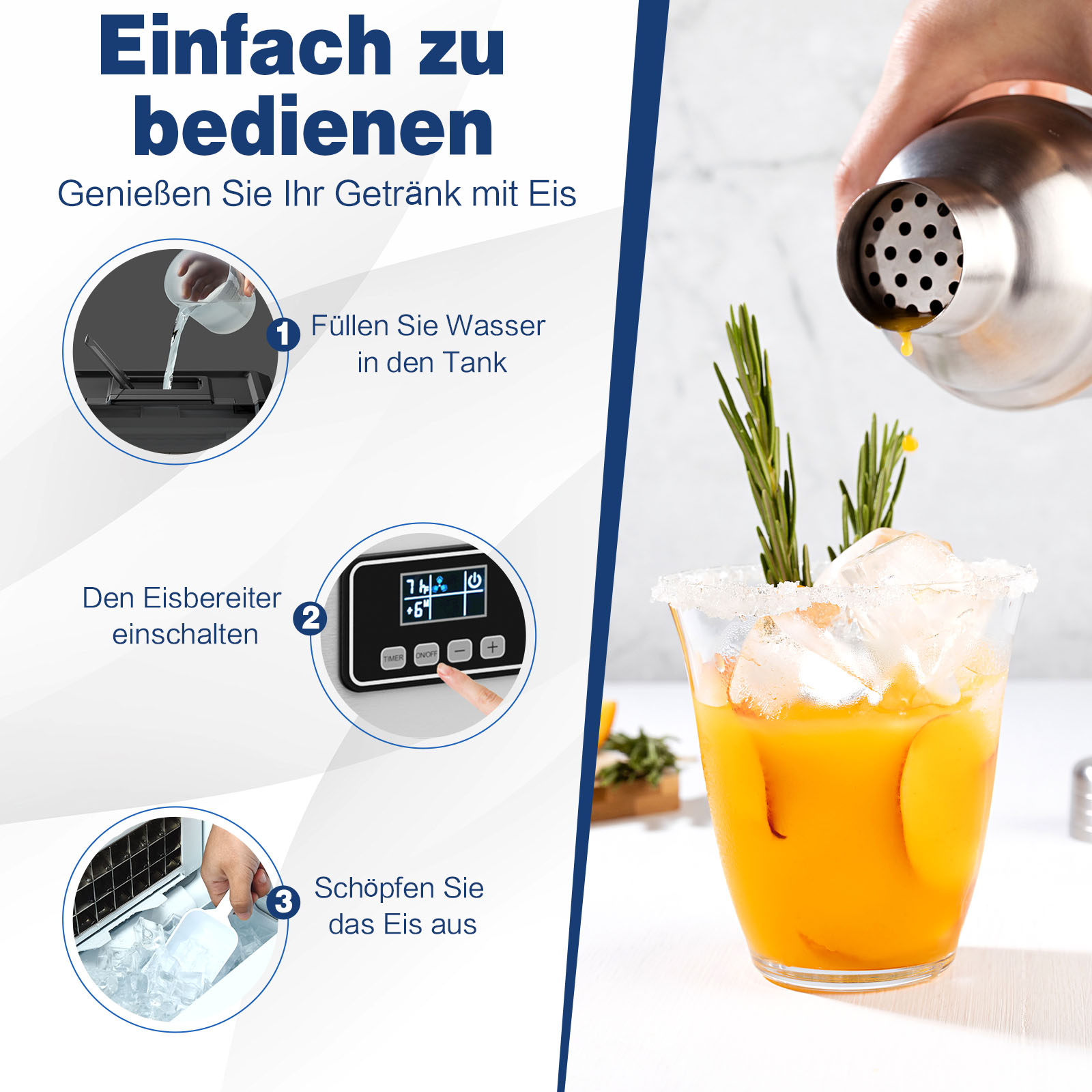 Eine Person bereitet einen Cocktail zu. Die Schritte umfassen das Befüllen eines Tanks, das Einschalten einer Maschine und das Schöpfen von Eis.