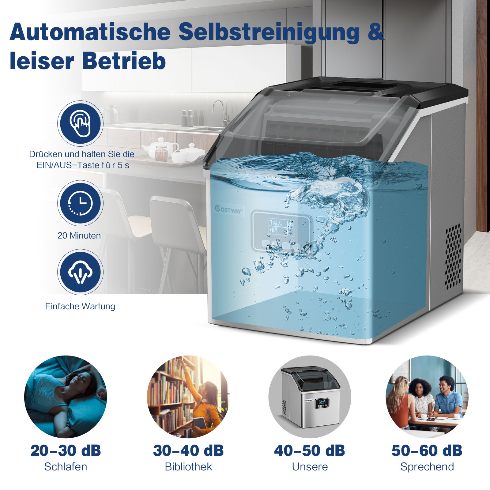 Eisbereiter mit Bedienfeld und Wasser. Symbole für Reinigung, Zeit und Dezibel.