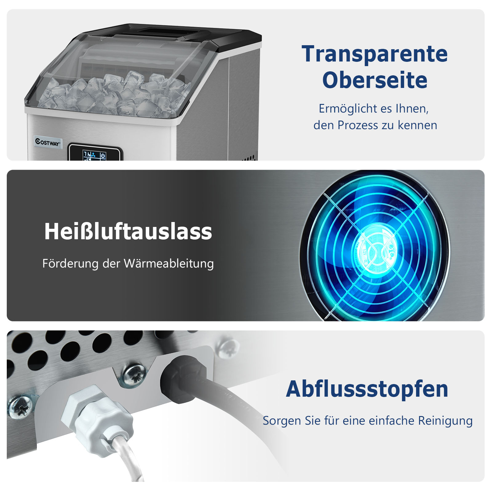 Drei Bilder: Eismaschine, Heißluftauslass und Ablassstopfen, jeweils mit deutschen Beschriftungen.