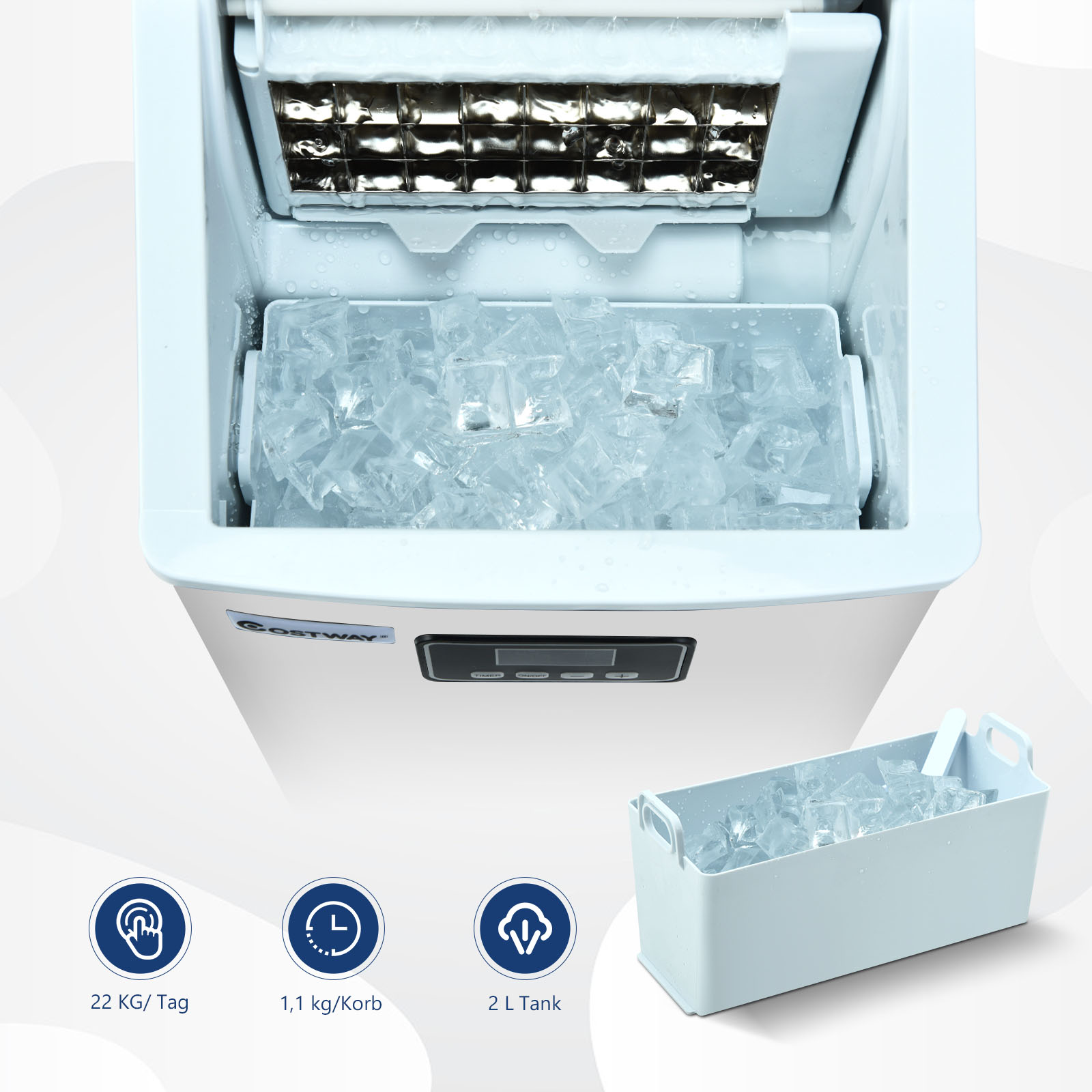 Ein Eisbereiter mit Eiswürfeln im Inneren und einer Eiswürfelschale darunter.