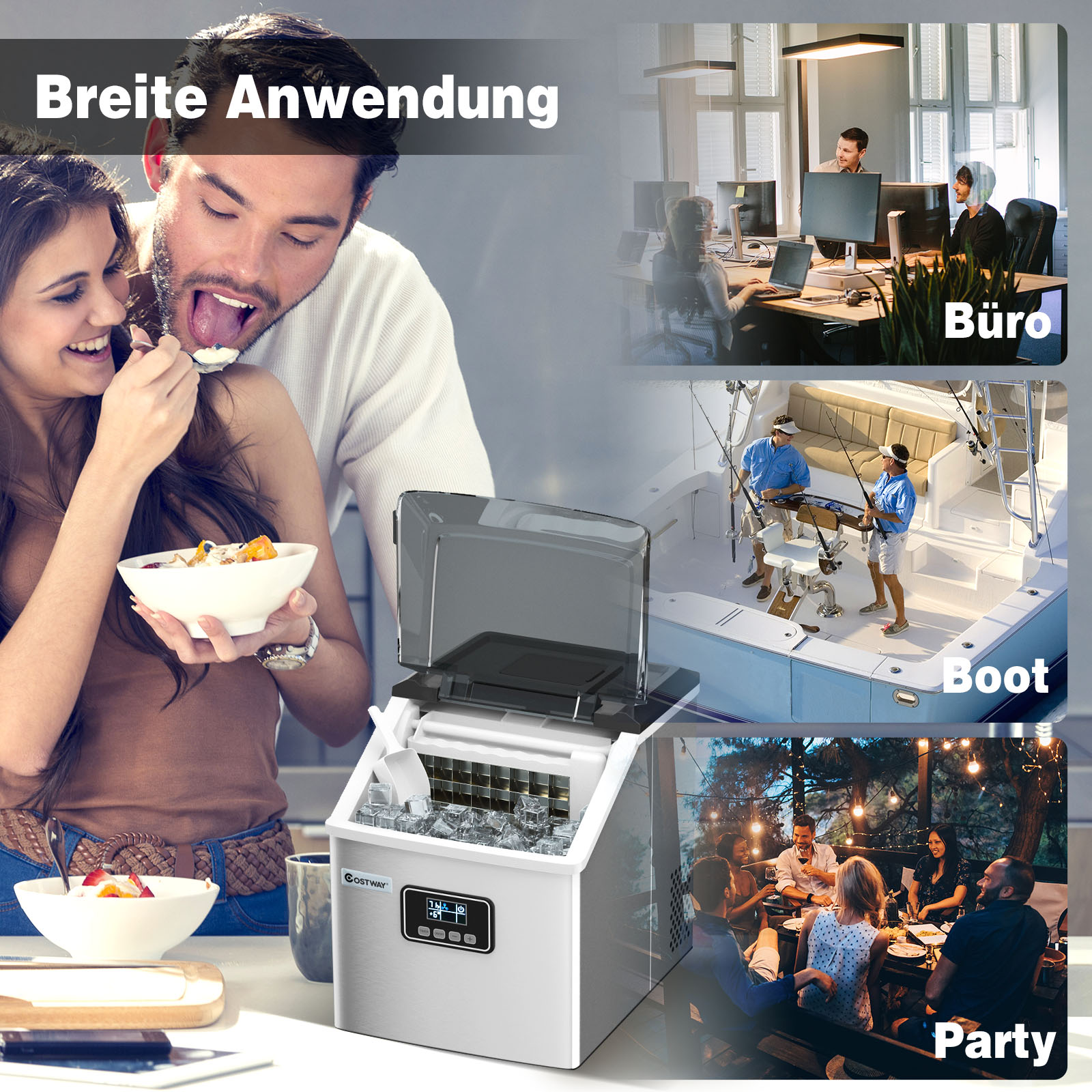 Eisbereiter mit mehreren Szenen: Paar isst, Leute arbeiten und Leute angeln.