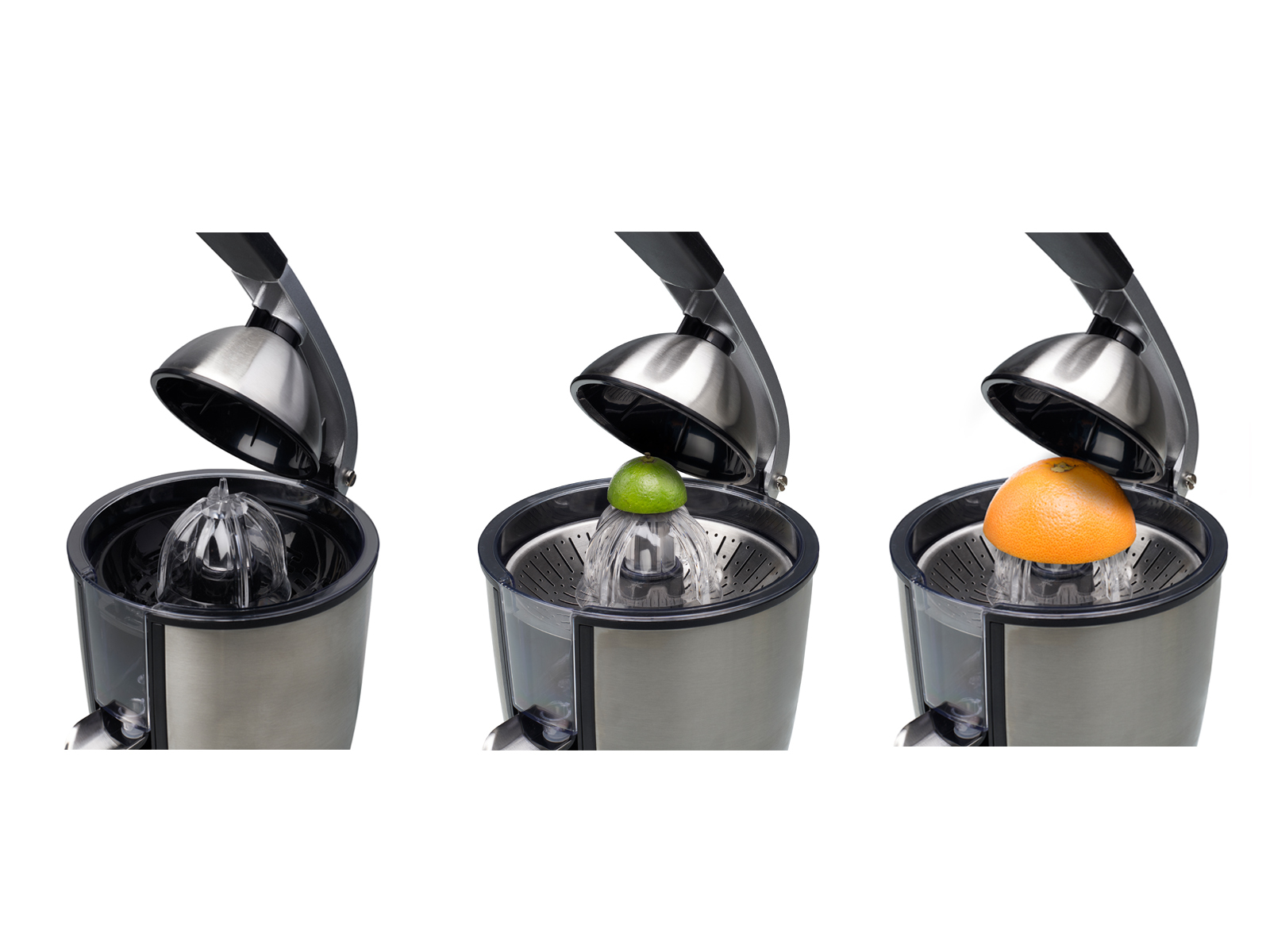 Wyciśnięcie soku ze stali nierdzewnej i limonki, zielonej limonki i pomarańczy.