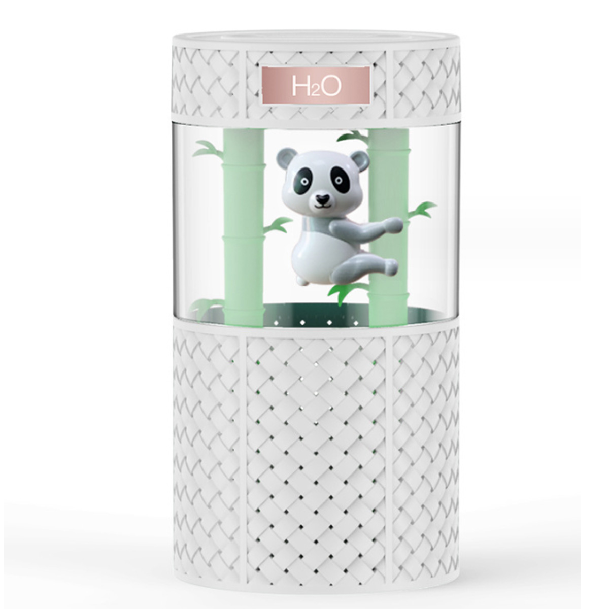 Weiße Panda-Figur in einem transparenten Wasserspender mit Bambusdekor.