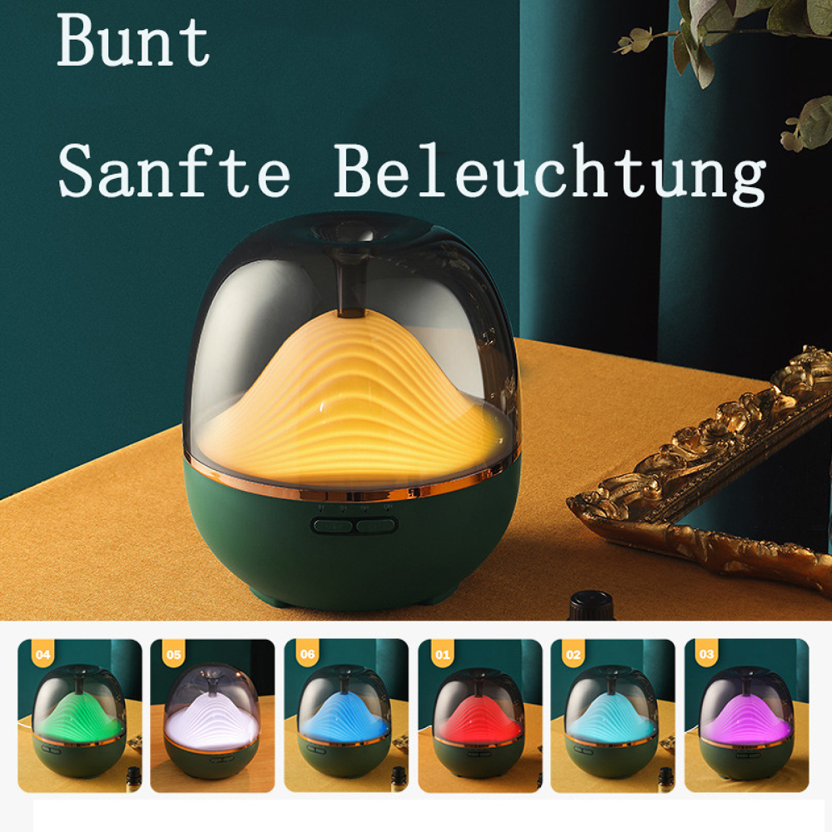 Grüner und schwarzer Luftbefeuchter mit farbwechselndem Licht und Knöpfen.