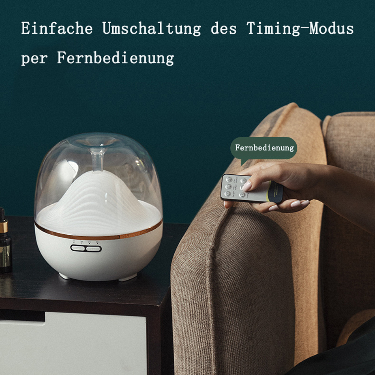 Weiß-goldener Diffusor mit Fernbedienung. Text: „Fernbedienung“ und „Fernbedienung“.