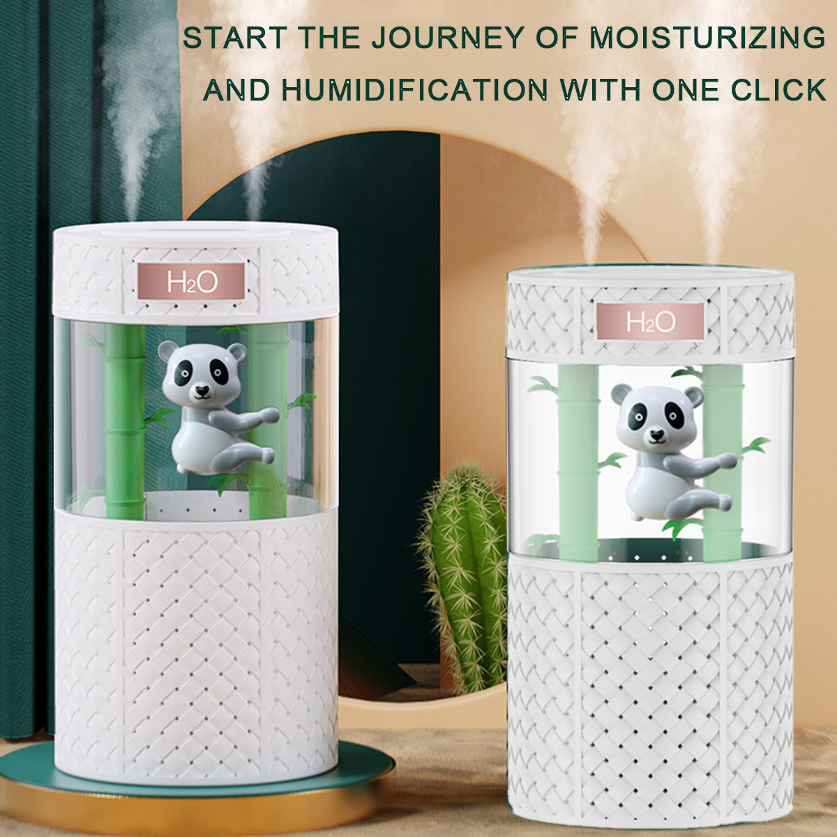 Zwei Panda-Luftbefeuchter mit Wasserdampf. Weißes und grünes Design. Der Hintergrund ist dunkel.