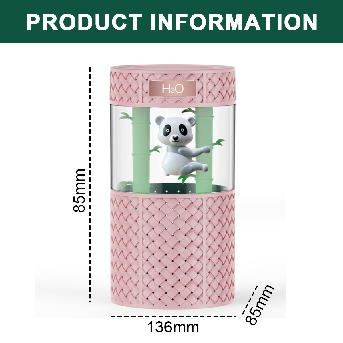 Rosa Panda-Wasserspender mit Bambus und Panda im Inneren. Weißer Hintergrund.