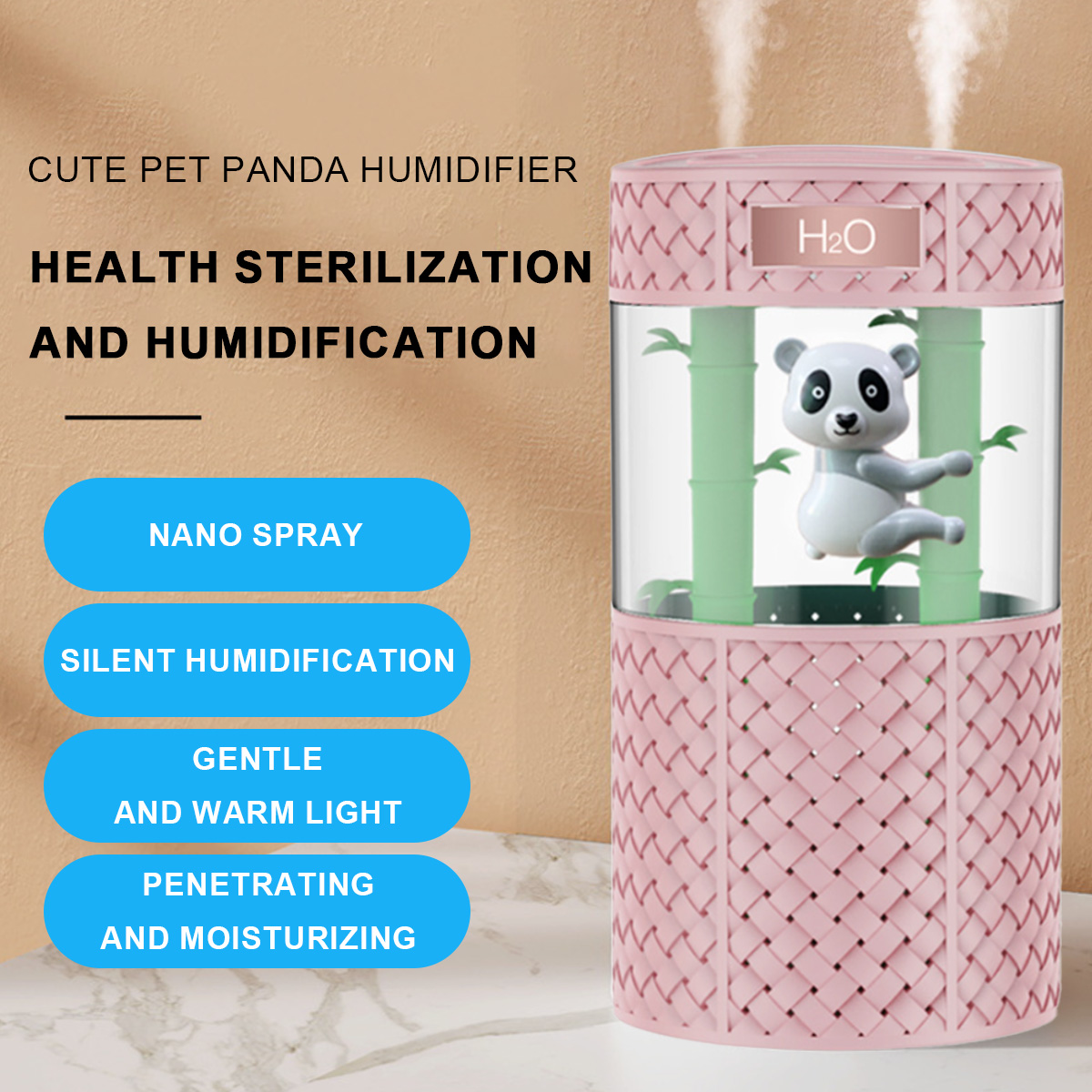 Rosa Luftbefeuchter mit Panda, Text über Gesundheit und Sterilisation. Weißer Hintergrund.