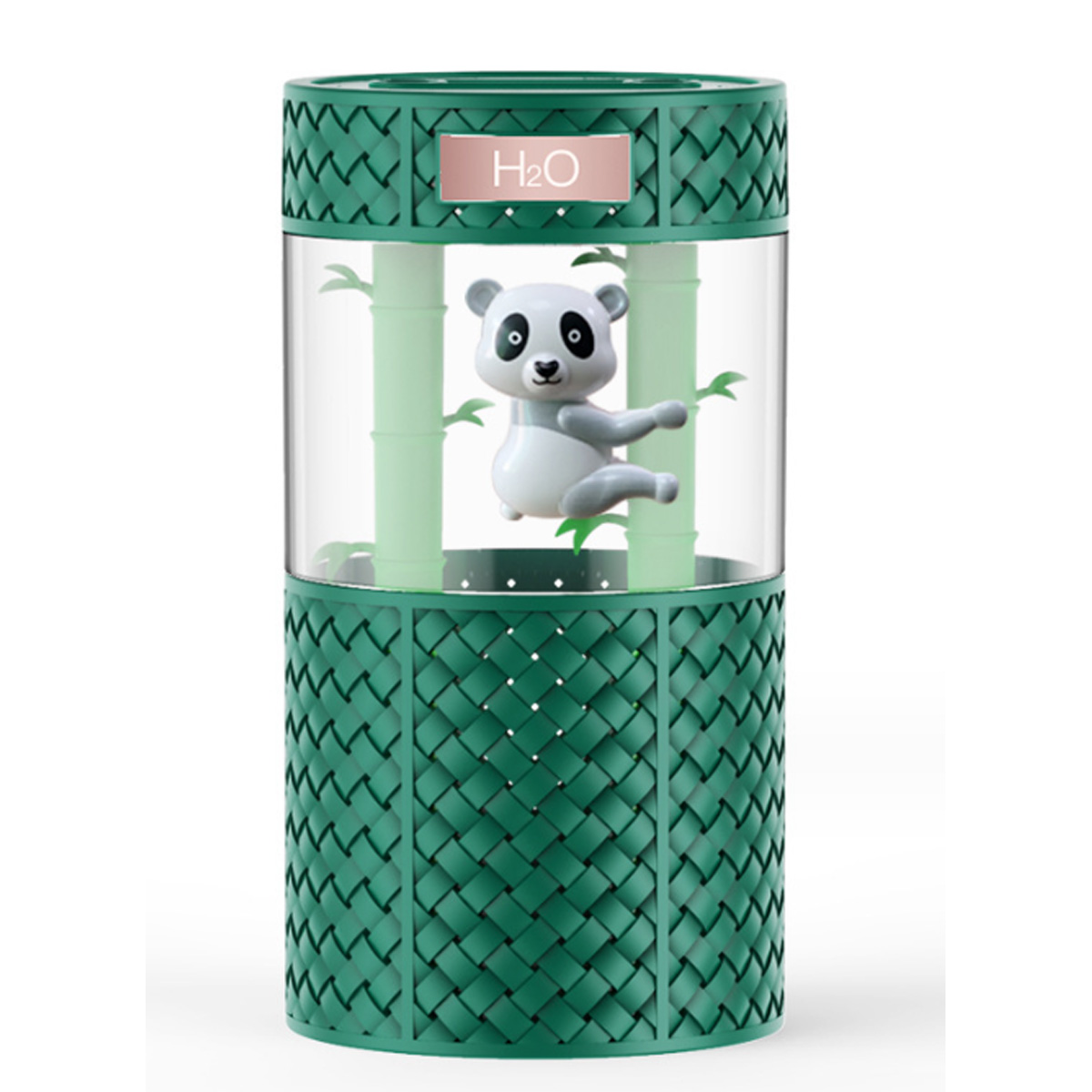 Grüner und klarer Panda-Luftbefeuchter. Panda im Inneren auf Bambusstängeln.