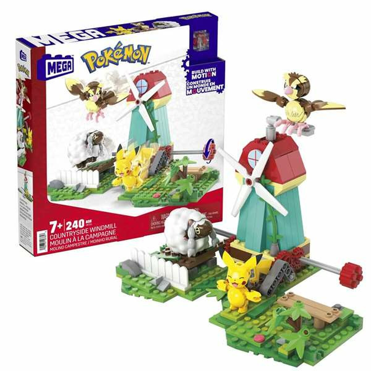 Zestaw konstrukcyjny Pokemon z wiatrakami, figurkami Pikachu i owcą. Zestaw w pudełku po lewej.