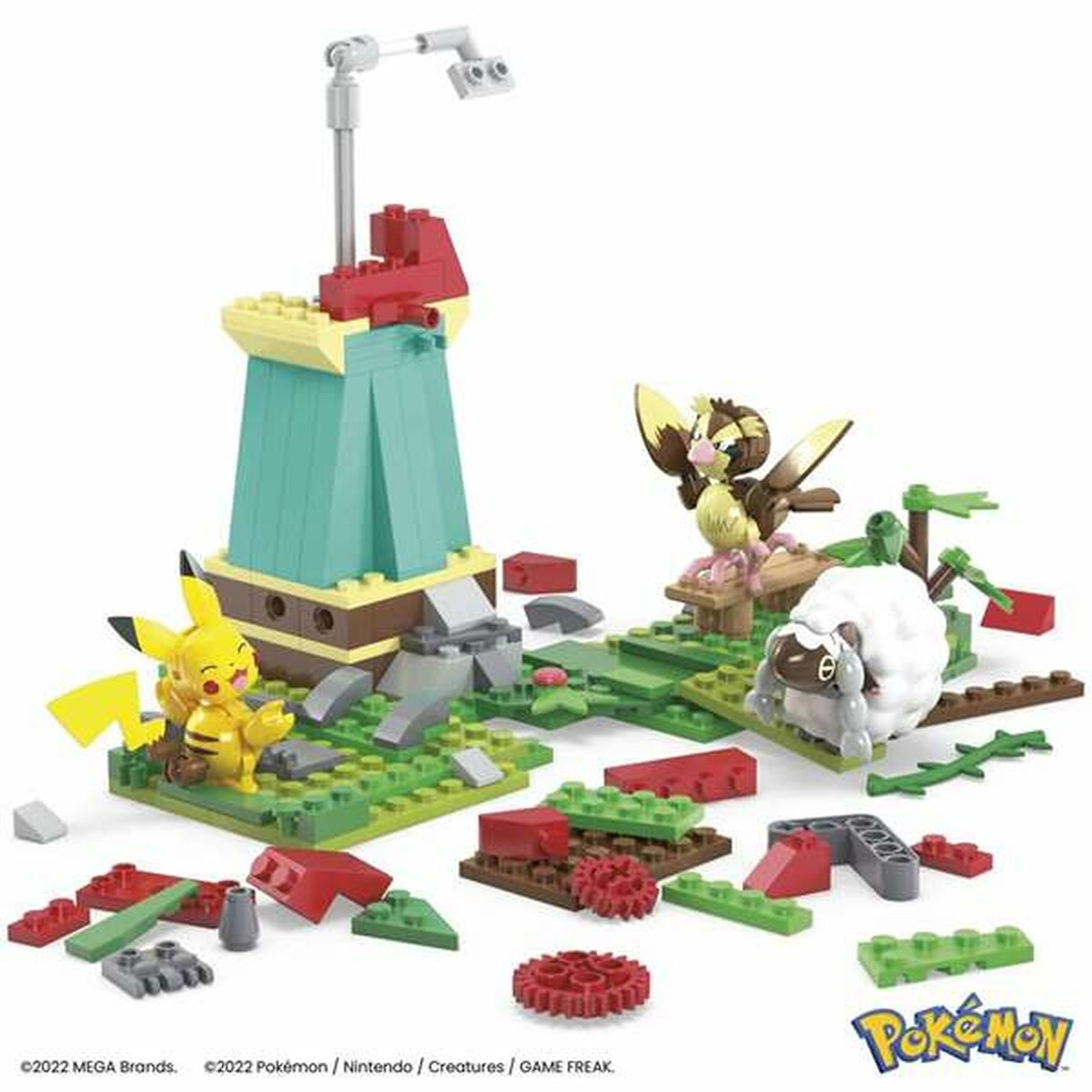 Scena Lego Pokemon z Pikachu i innymi figurkami Pokemon.