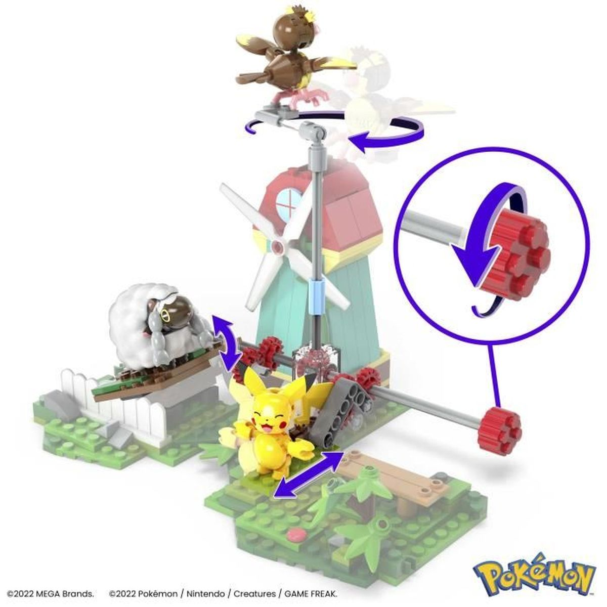 Zestaw LEGO Pokemon z obracającymi się elementami i wieloma figurkami. Kolorowy i wciągający.