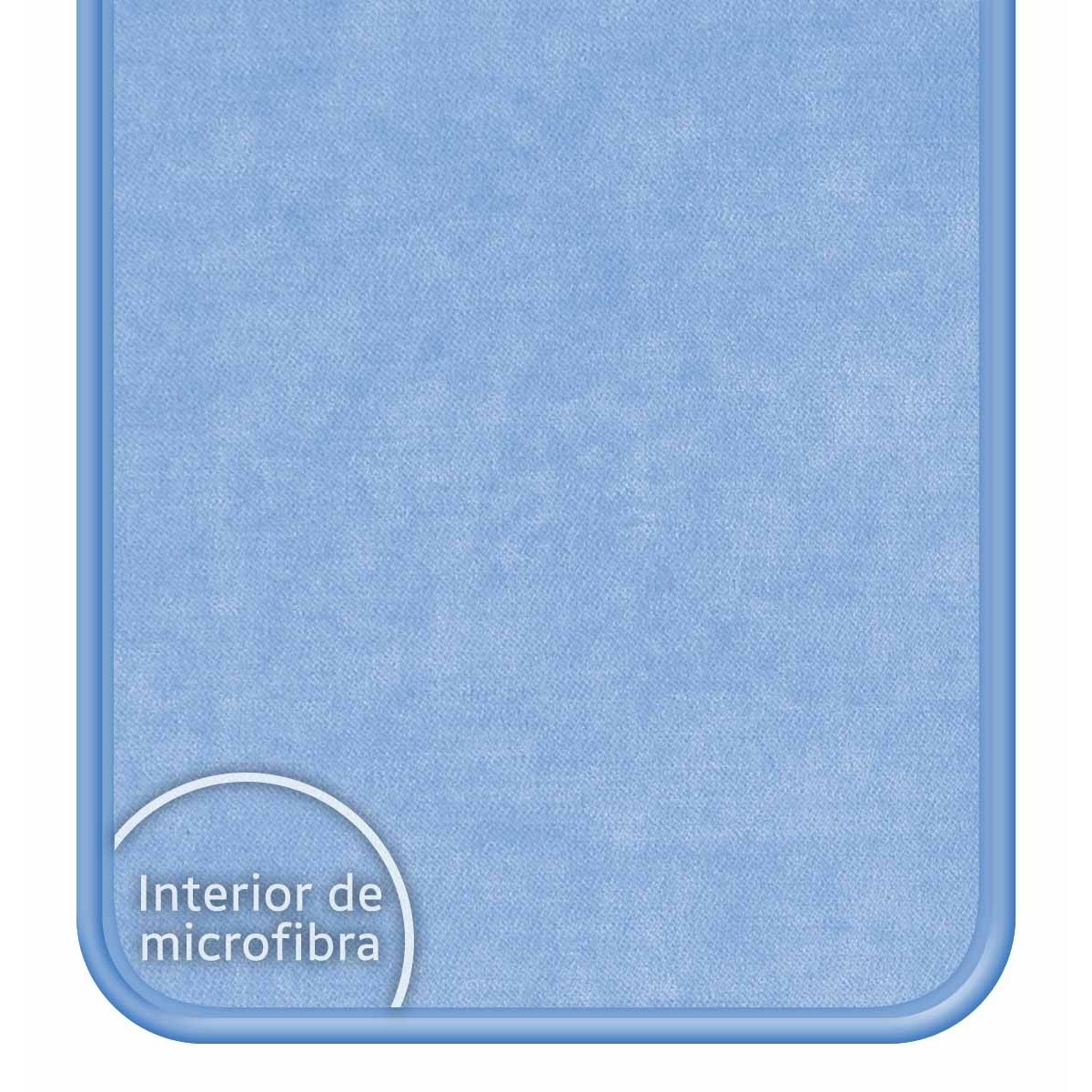 Una funda de teléfono azul claro con las palabras 'Interior de microfibra'.
