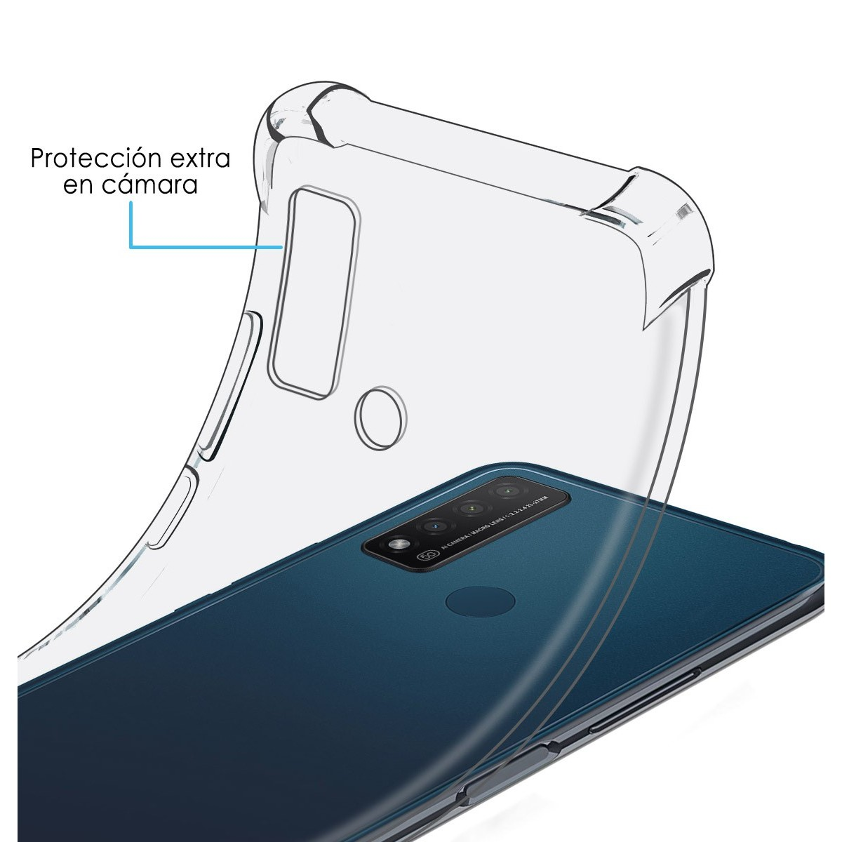 Funda transparente sobre un teléfono turquesa. El texto indica protección adicional de la cámara.