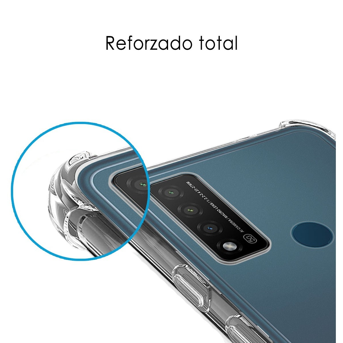 Primer plano de una funda de teléfono que muestra una protección mejorada alrededor del área de la cámara.