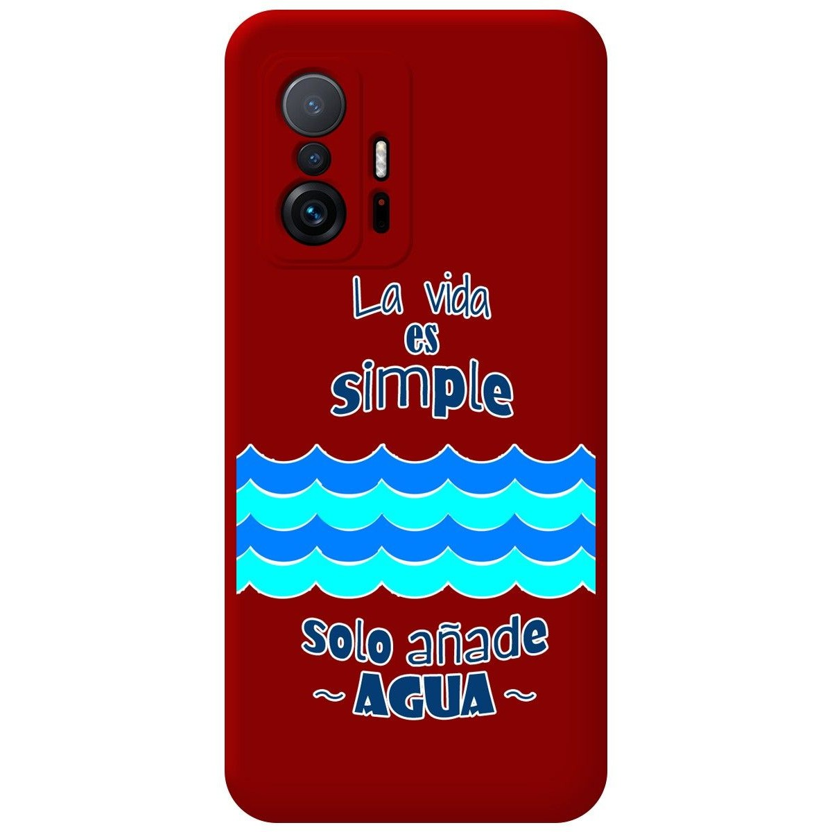 Funda de teléfono roja con texto en español: 'La vida es simple, solo añade AGUA' y una línea azul ondulada.