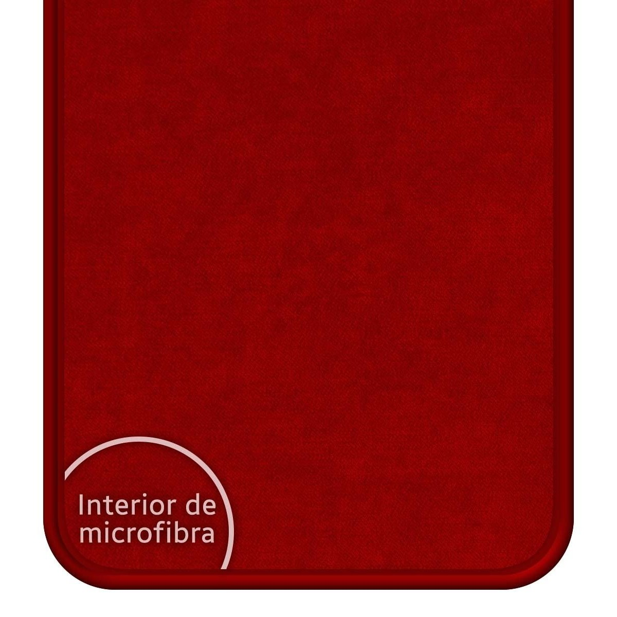 Una superficie de microfibra roja con una etiqueta de texto blanca en la parte inferior, que dice 'Interior de microfibra'.