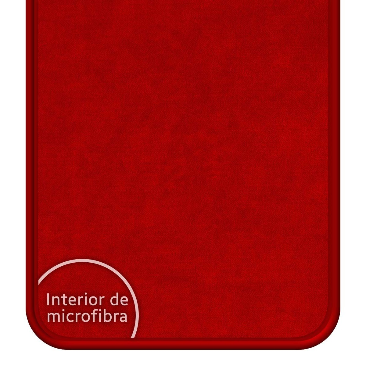 Una funda de teléfono de textura de microfibra roja con esquinas redondeadas y un círculo de texto blanco.