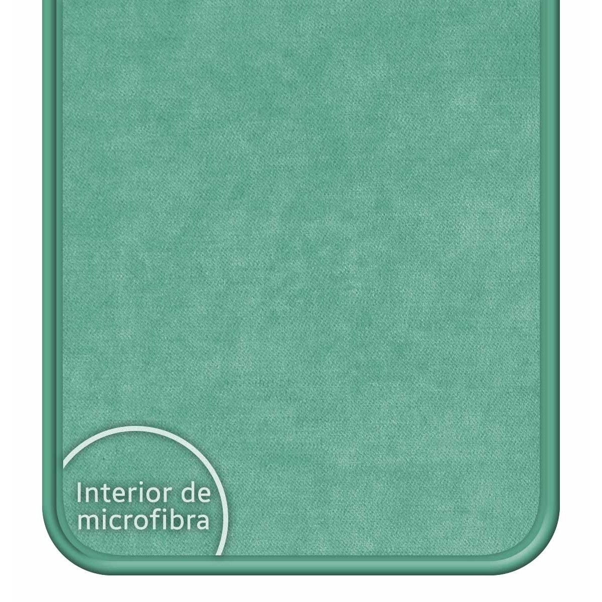 Interior de microfibra verde azulado de una funda de teléfono.