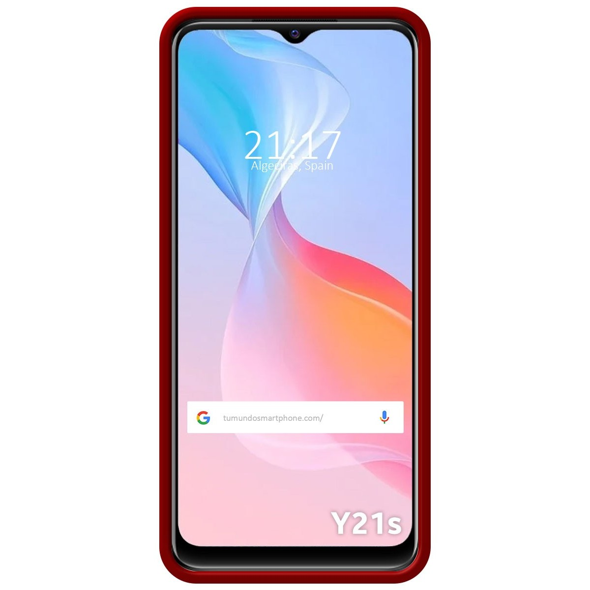 Pantalla del teléfono mostrando hora y fecha, funda roja.