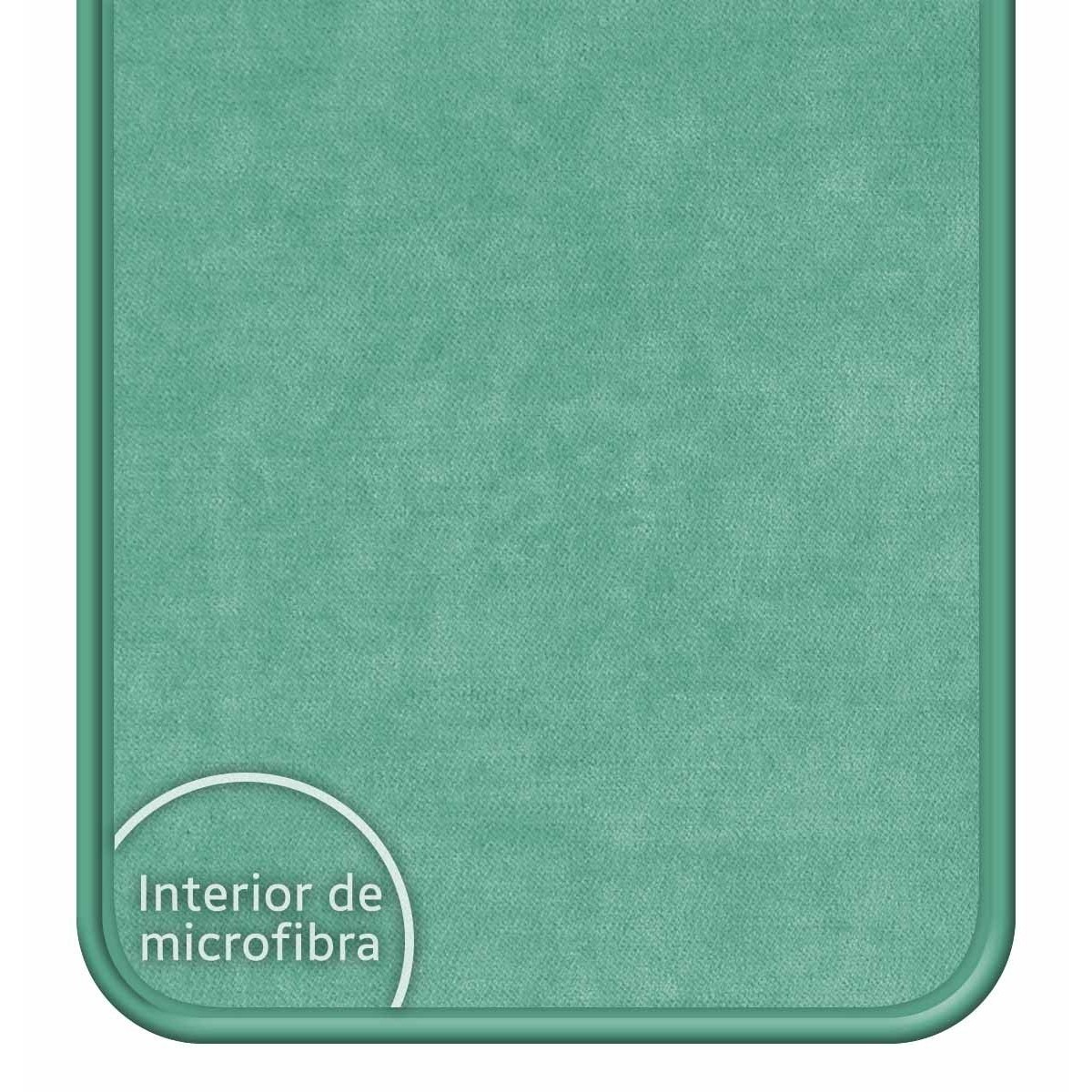 Primer plano de una funda de teléfono con interior de microfibra verde.