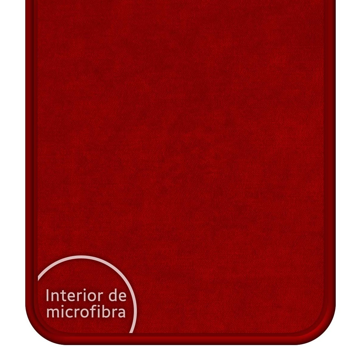 Funda de teléfono roja con interior de microfibra y el texto "Interior de microfibra".