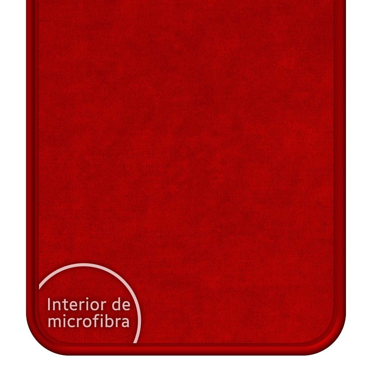 Funda roja de microfibra, con esquina redondeada y texto blanco: Interior de microfibra.