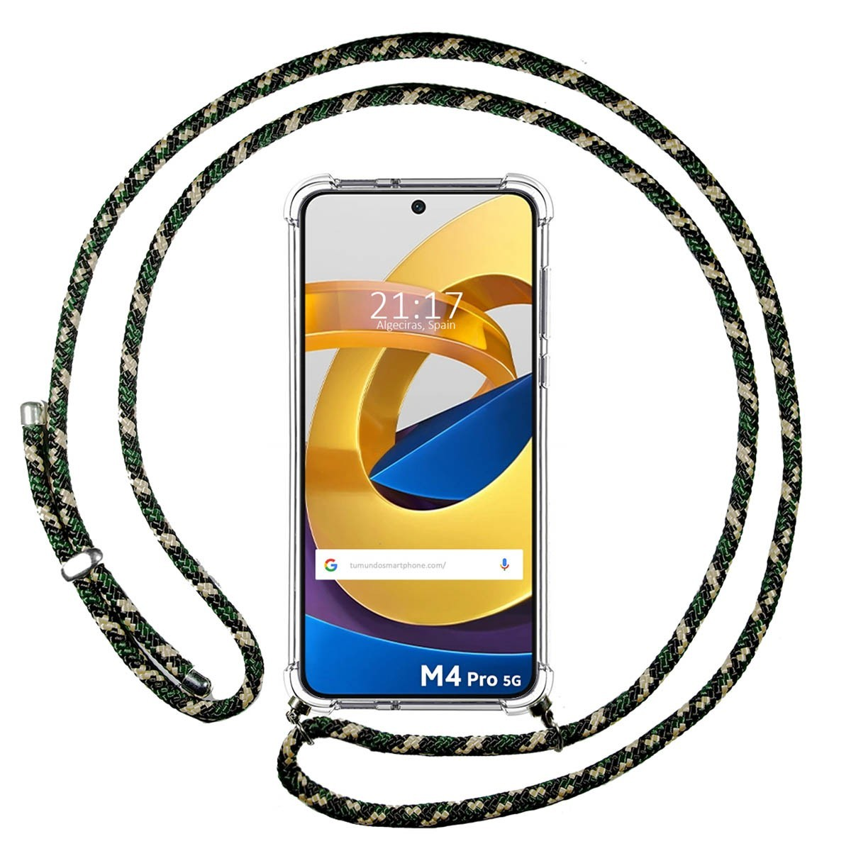 Telefono con corda verde e nera. Mostra ora e luogo, colori blu e oro.
