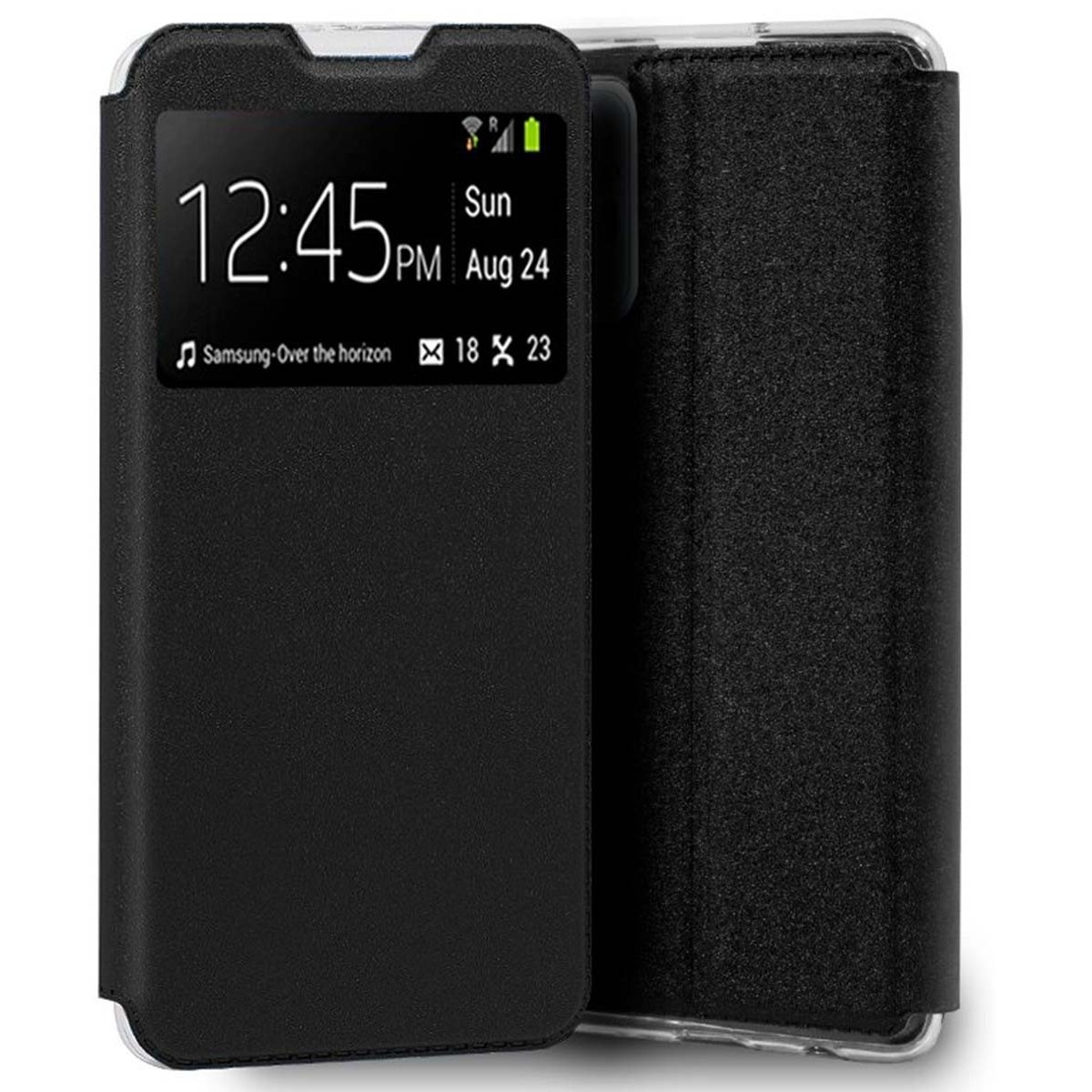 Funda de teléfono negra con pantalla que muestra la hora.