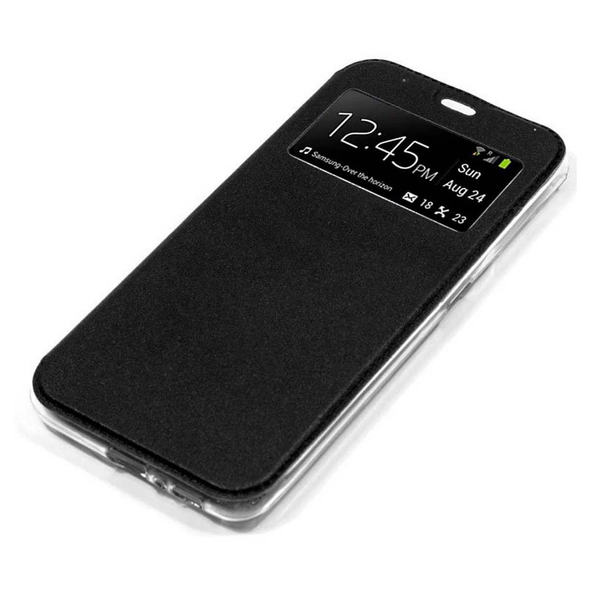 Funda de teléfono negra con pantalla que muestra la hora.