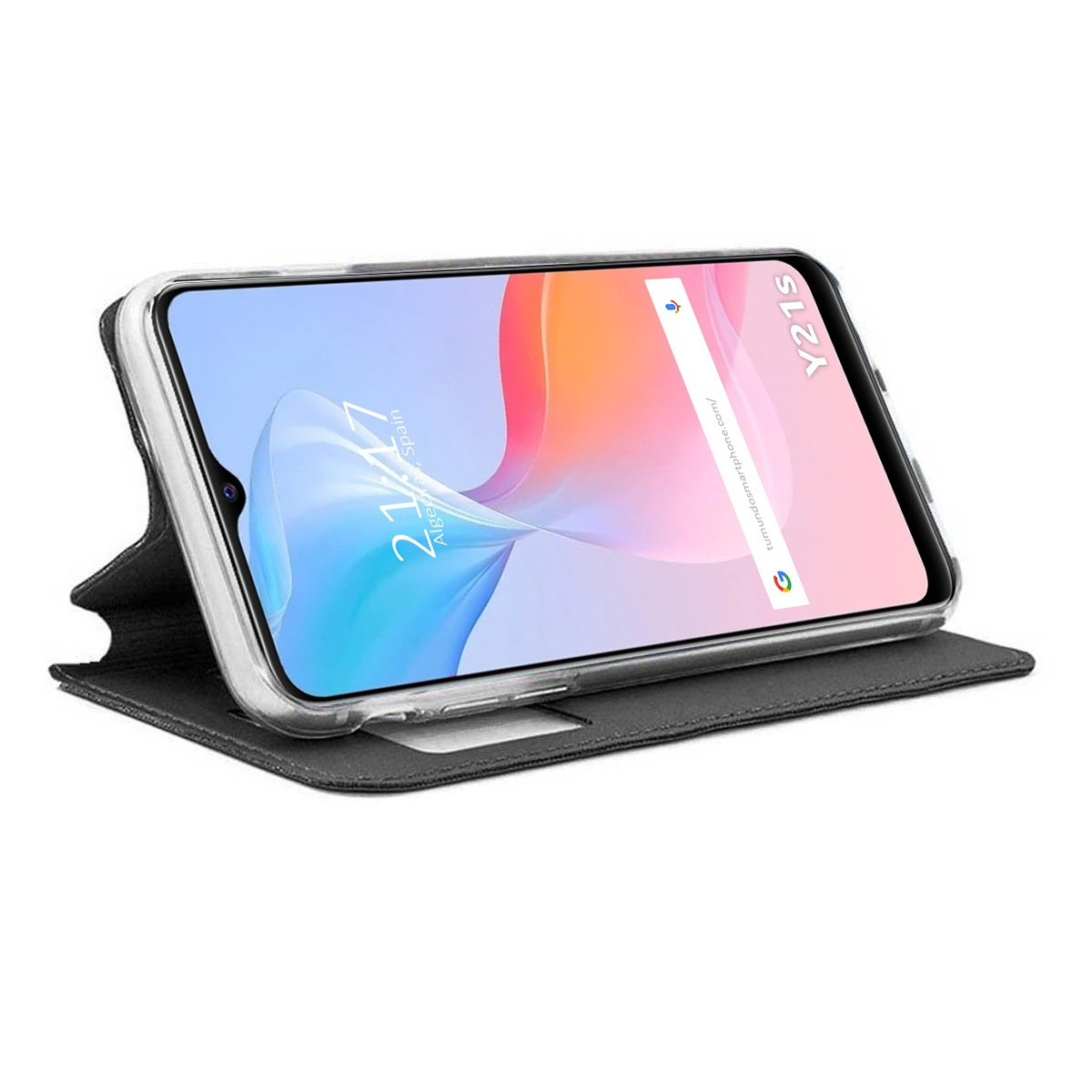 Una funda de teléfono inteligente que muestra un teléfono con una pantalla que muestra un sitio web.