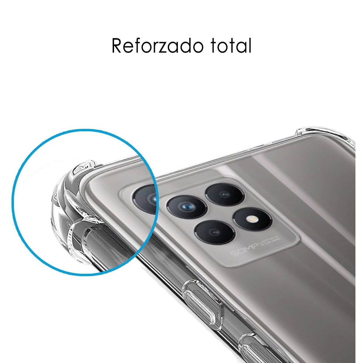 Primer plano de una funda de teléfono, con bordes transparentes alrededor de la parte trasera del teléfono, mostrando la cámara.