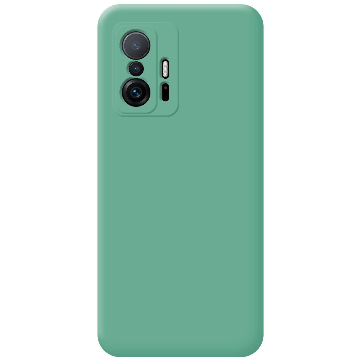 Una funda de teléfono de color verde azulado. Hay múltiples cámaras en la parte superior izquierda.
