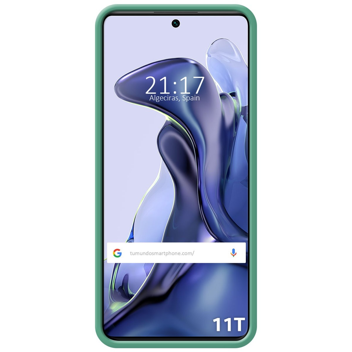 Funda verde con teléfono mostrando la hora y barra de búsqueda de Google.