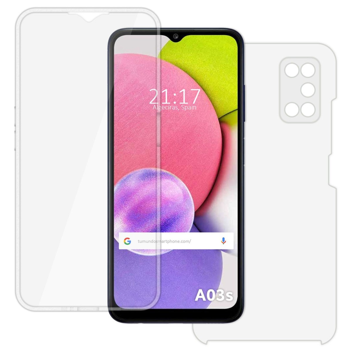 Teléfono con protector de pantalla y funda, mostrando hora, ubicación y sitio web.