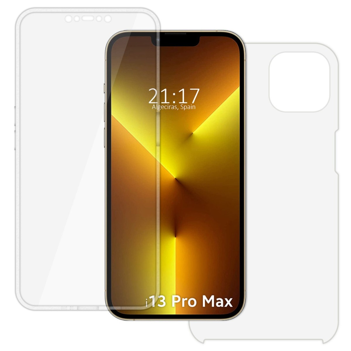 Un telefono e una protezione per lo schermo. Entrambi sono trasparenti e il telefono è etichettato i13 Pro Max.