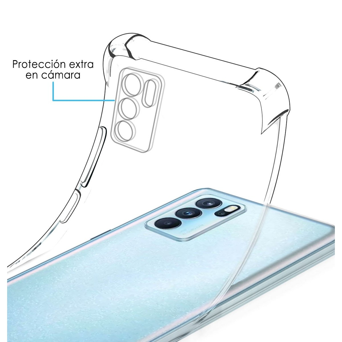 Funda de teléfono con diseño transparente que muestra el área de la cámara del teléfono.
